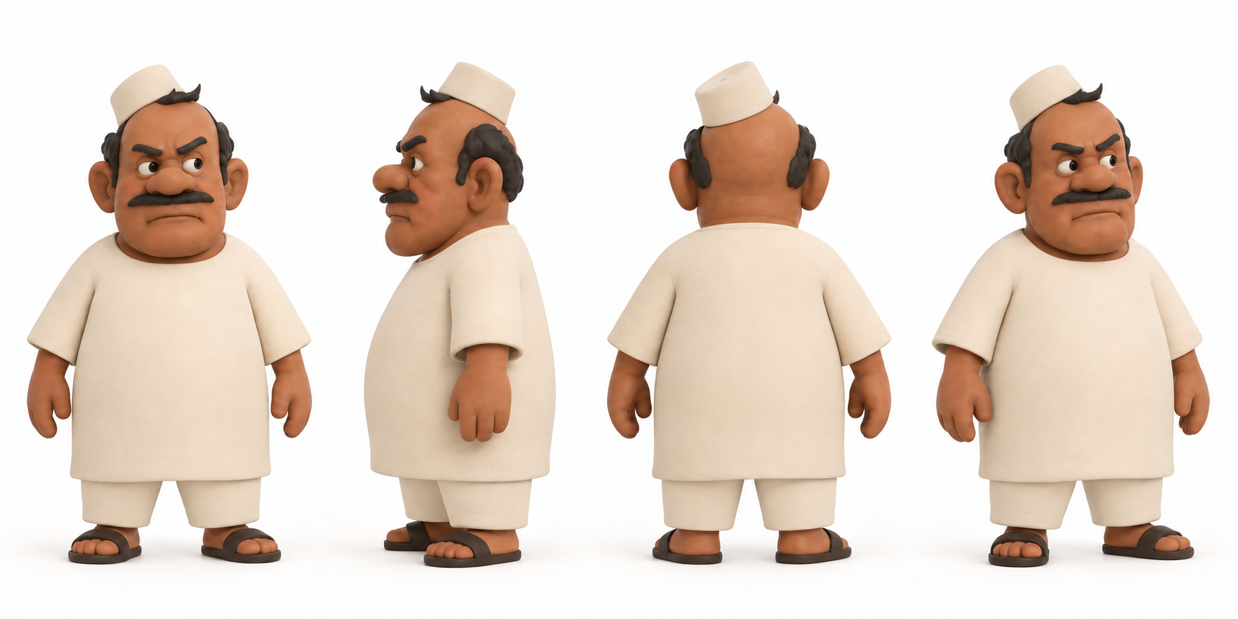 Stocky character turnaround in four views