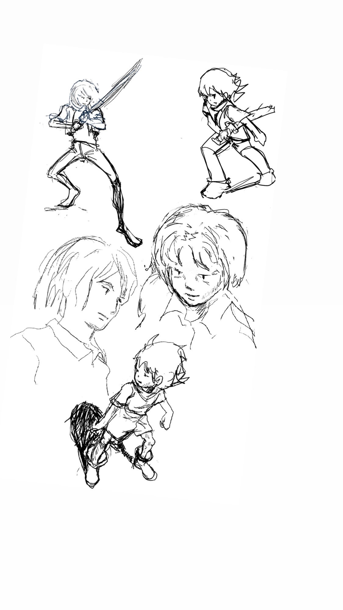 Character poses and facial sketches