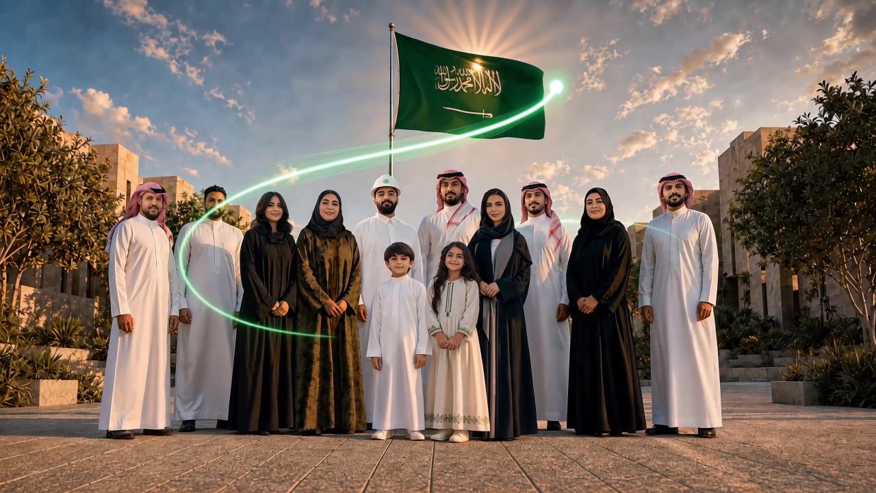 Group portrait with the green line in the ROSHN National Day film