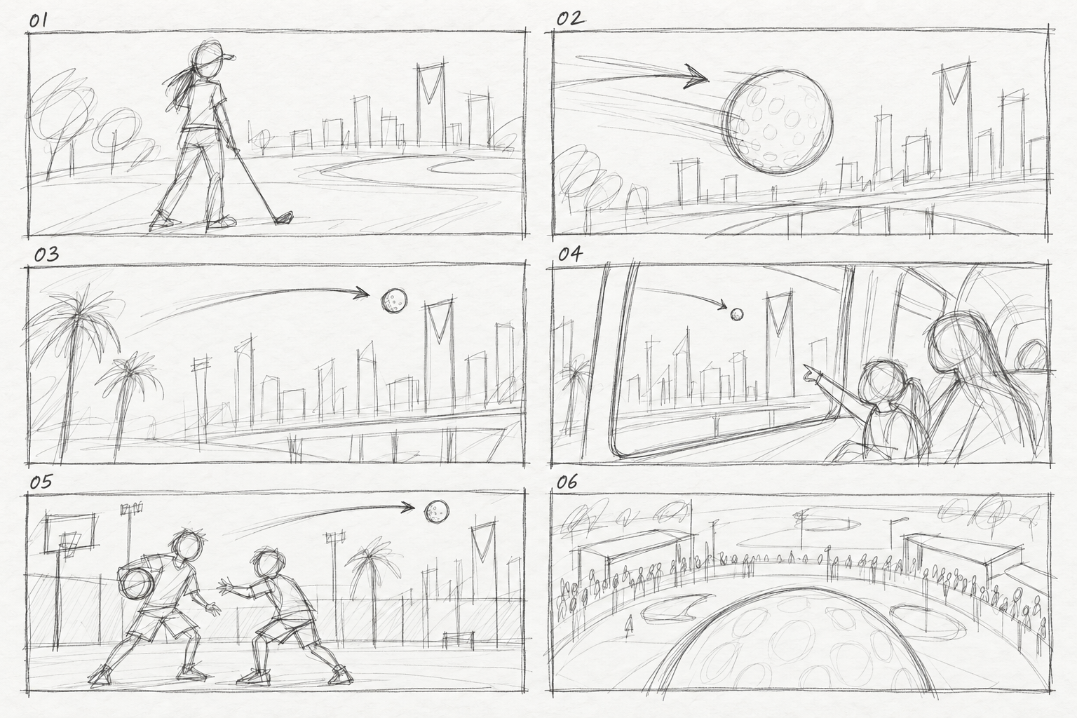 Rough storyboard — six key moments
